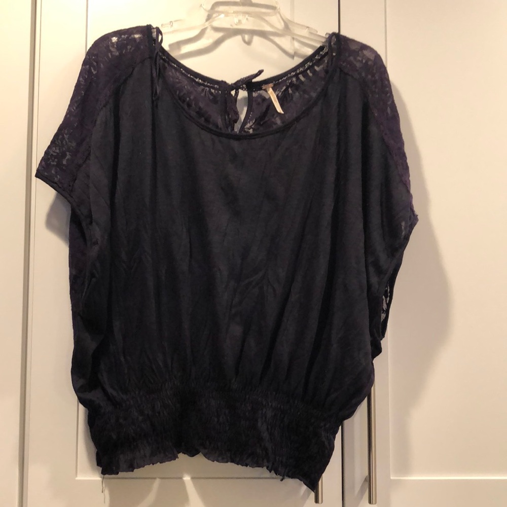 Mixed media top in deep purple.